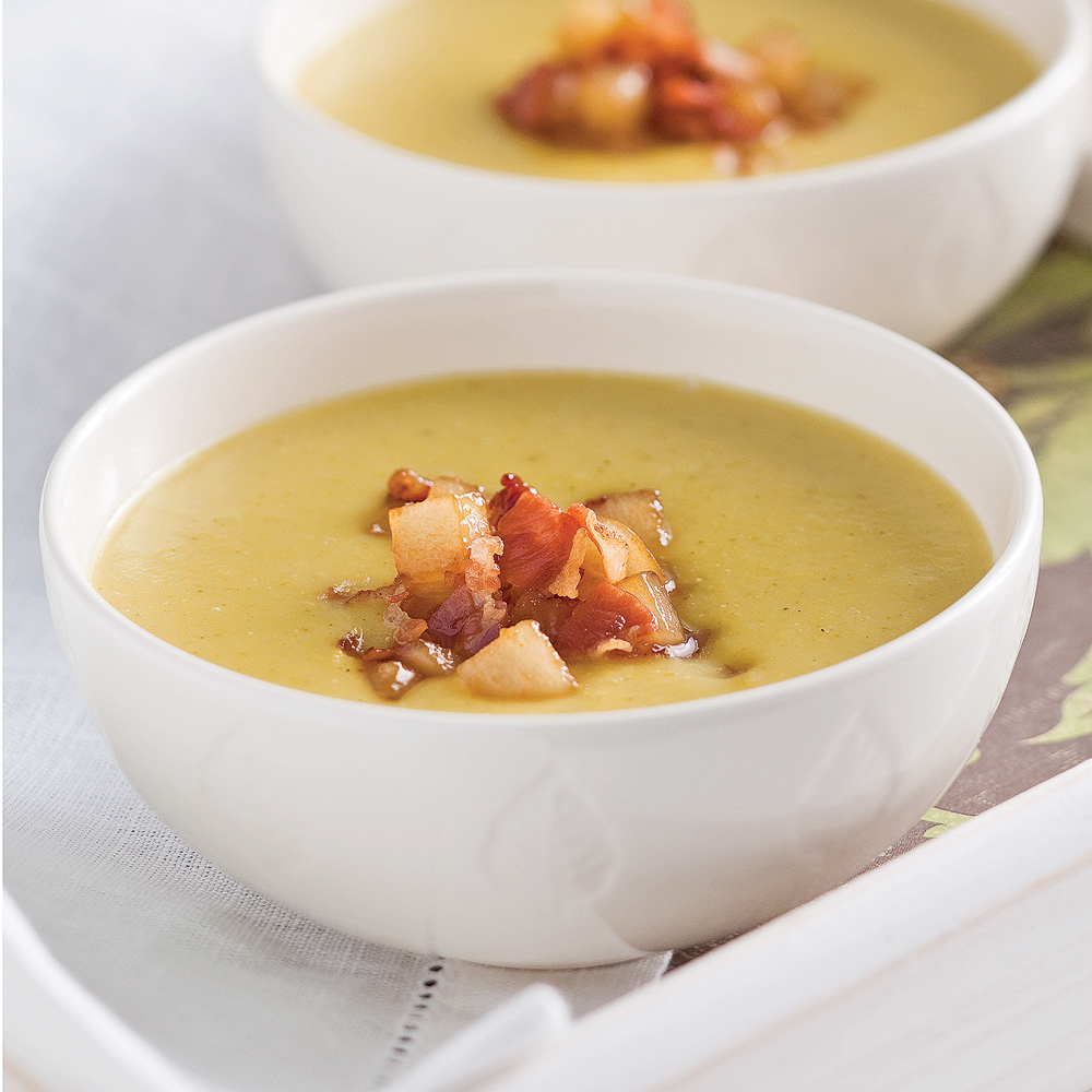 Velouté de poireaux, poires et pancetta